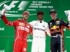 SHANGHAI, CHINA - APRIL 09: Race winner Lewis Hamilton of Great Britain and Mercedes GP with second placed finisher Sebastian Vettel of Germany and Ferrari and third placed finisher Max Verstappen of Netherlands and Red Bull Racing on the podium during the Formula One Grand Prix of China at Shanghai International Circuit on April 9, 2017 in Shanghai, China.  (Photo by Mark Thompson/Getty Images)
